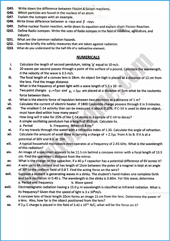 class 10th physics 2025 adamjee coaching guess papers 2