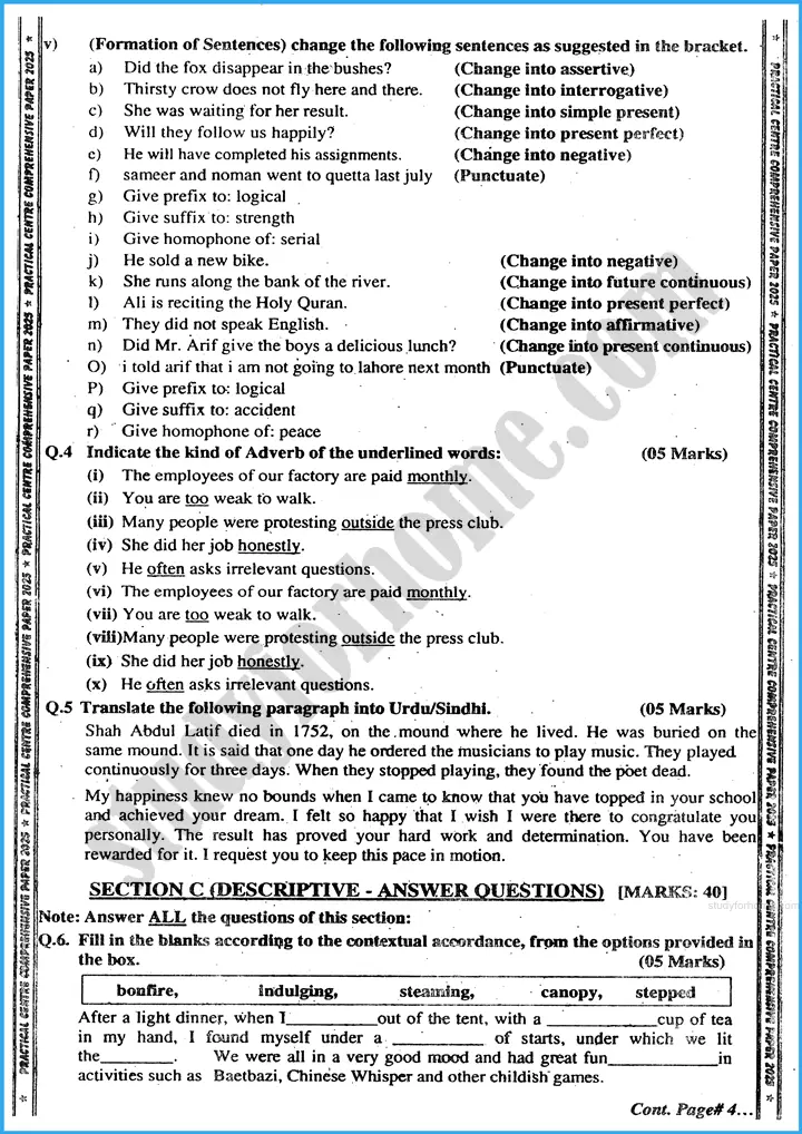 english 10th practical centre guess paper 2025 science group 3