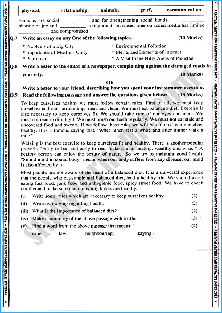 english 10th practical centre guess paper 2025 science group 4