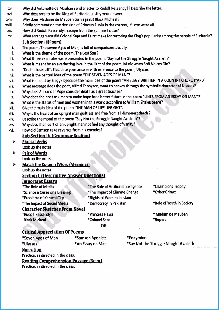 english 12th adamjee coaching guess paper 2025 science group 2