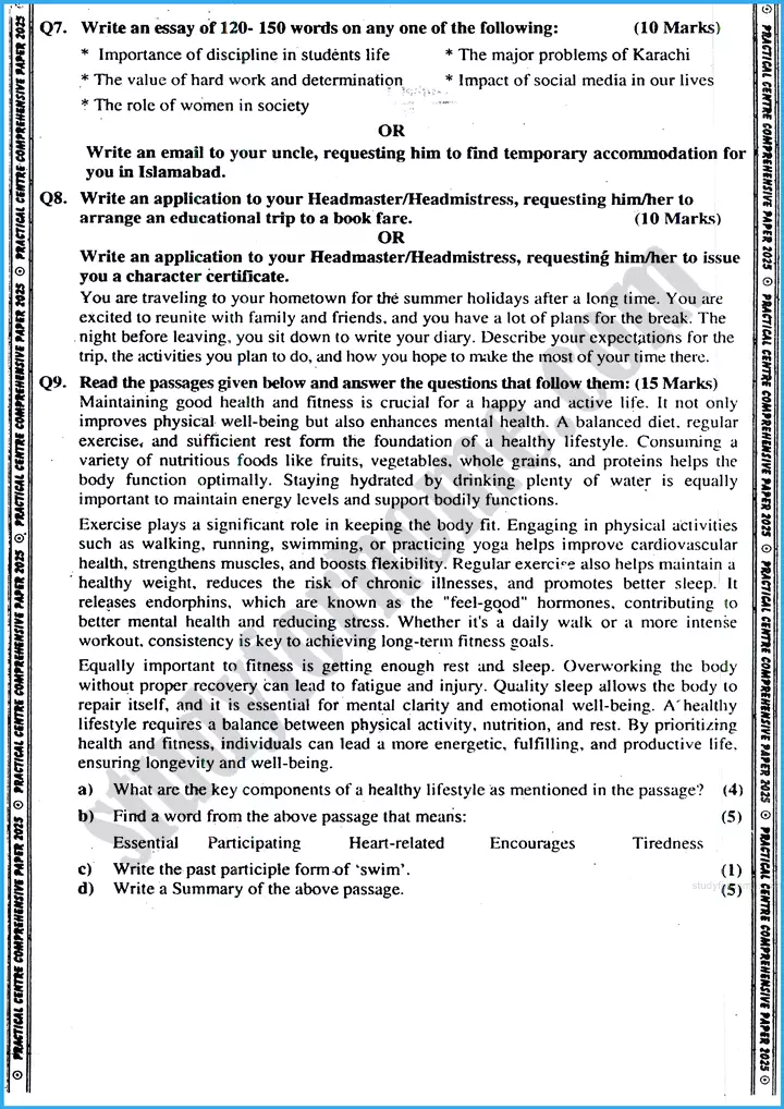 english 9th practical centre guess paper 2025 science group 4