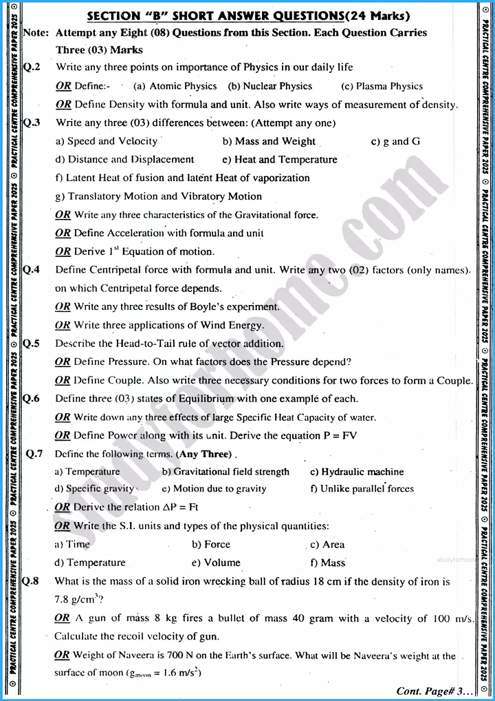 physics 9th practical centre guess paper 2025 science group 2