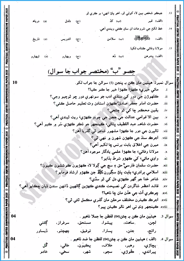 sindhi 10th practical centre guess paper 2025 science group 2