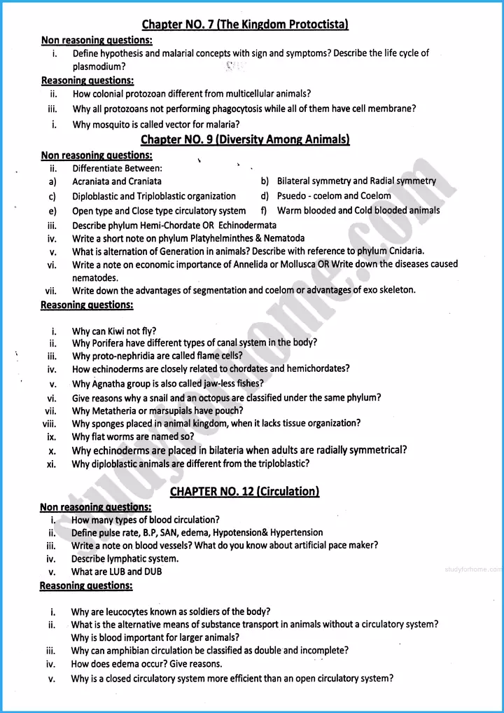 zoology 11th adamjee coaching guess paper 2025 science group 2