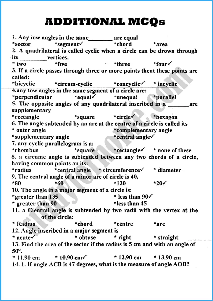 angle in a segment of a circle mcqs mathematics class 10th 01