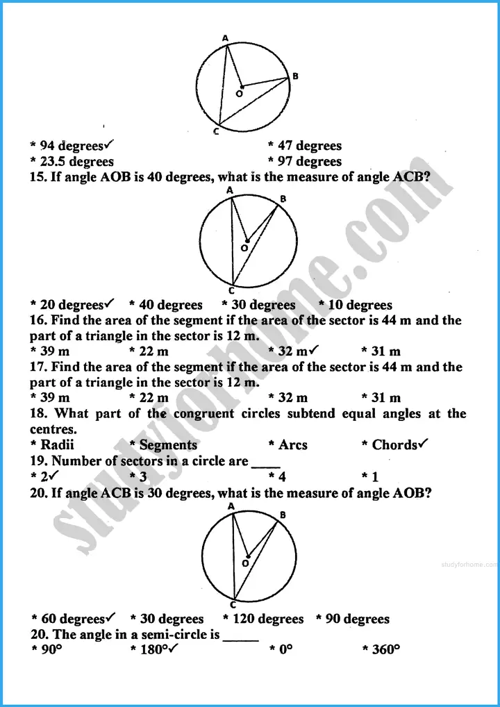 angle in a segment of a circle mcqs mathematics class 10th 02