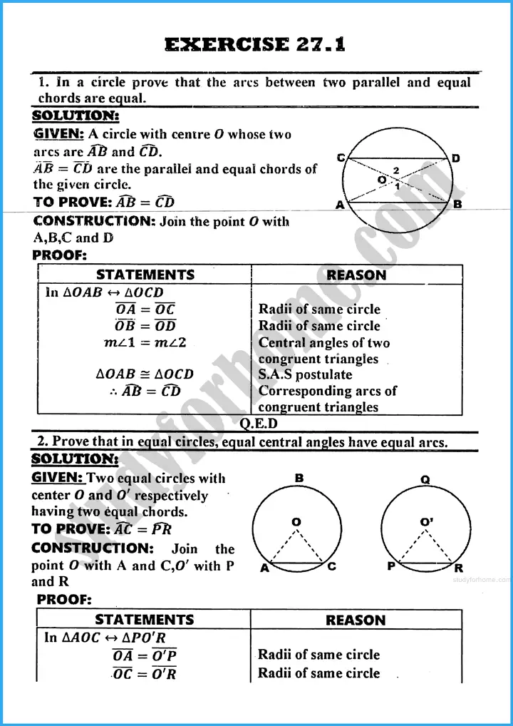 chords and arcs exercise 27 1 mathematics class 10th 01