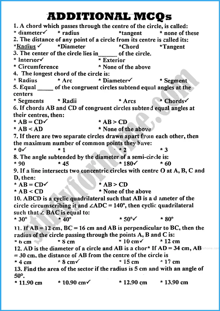 chords of a circle mcqs mathematics class 10th 01