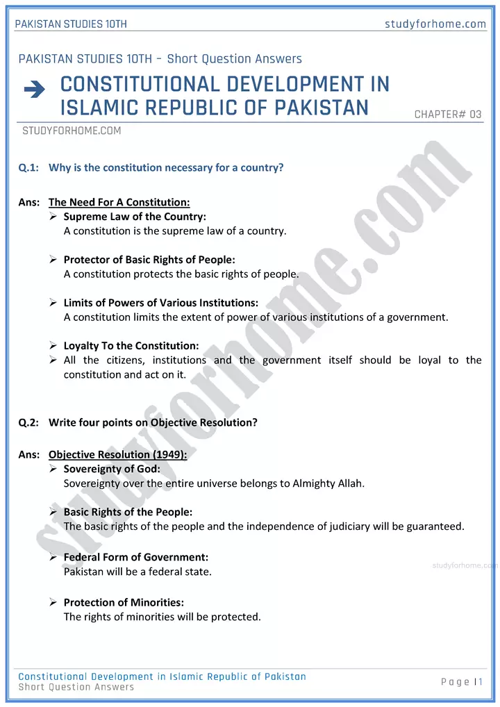 constitutional-development-in-islamic-republic-of-pakistan-short-question-answers-pakistan-studies-class-10th