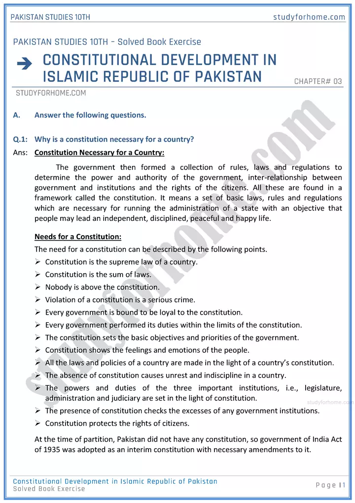 constitutional-development-in-islamic-republic-of-pakistan-solved-textbook-exercise-pakistan-studies-class-10th