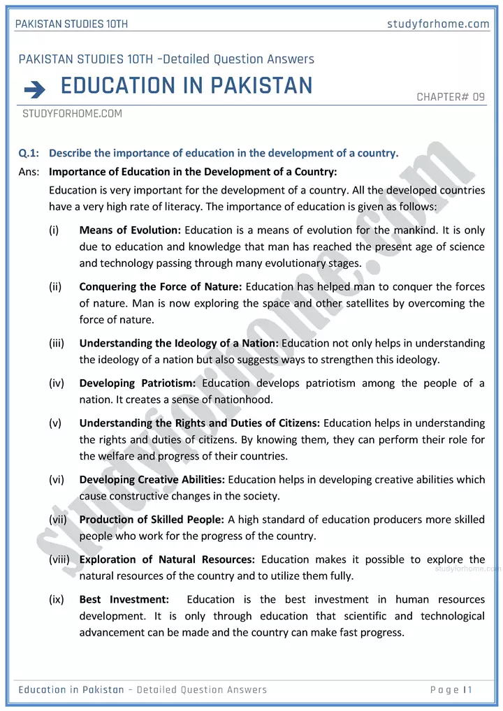 education-in-pakistan-detailed-question-answers-pakistan-studies-class-10th