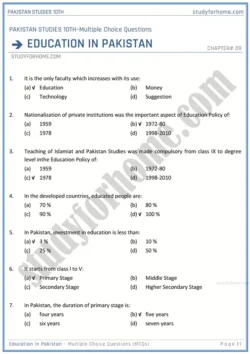 education-in-pakistan-multiple-choice-questions-pakistan-studies-class-10th