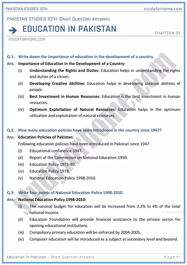 education-in-pakistan-short-question-answers-pakistan-studies-class-10th