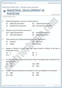 industrial-development-in-pakistan-multiple-choice-questions-pakistan-studies-class-10th