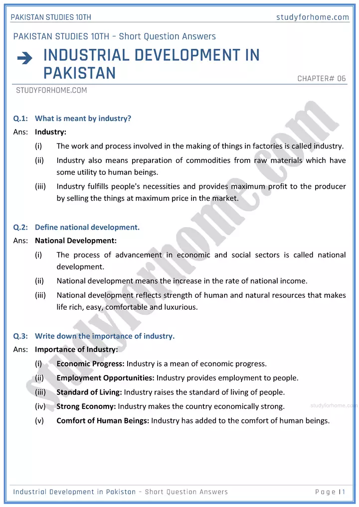 industrial-development-in-pakistan-short-question-answers-pakistan-studies-class-10th