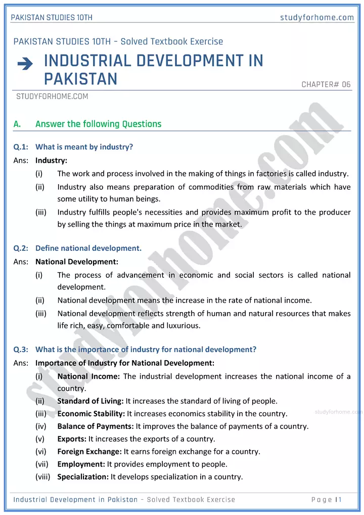 industrial-development-in-pakistan-solved-textbook-exercise-pakistan-studies-class-10th