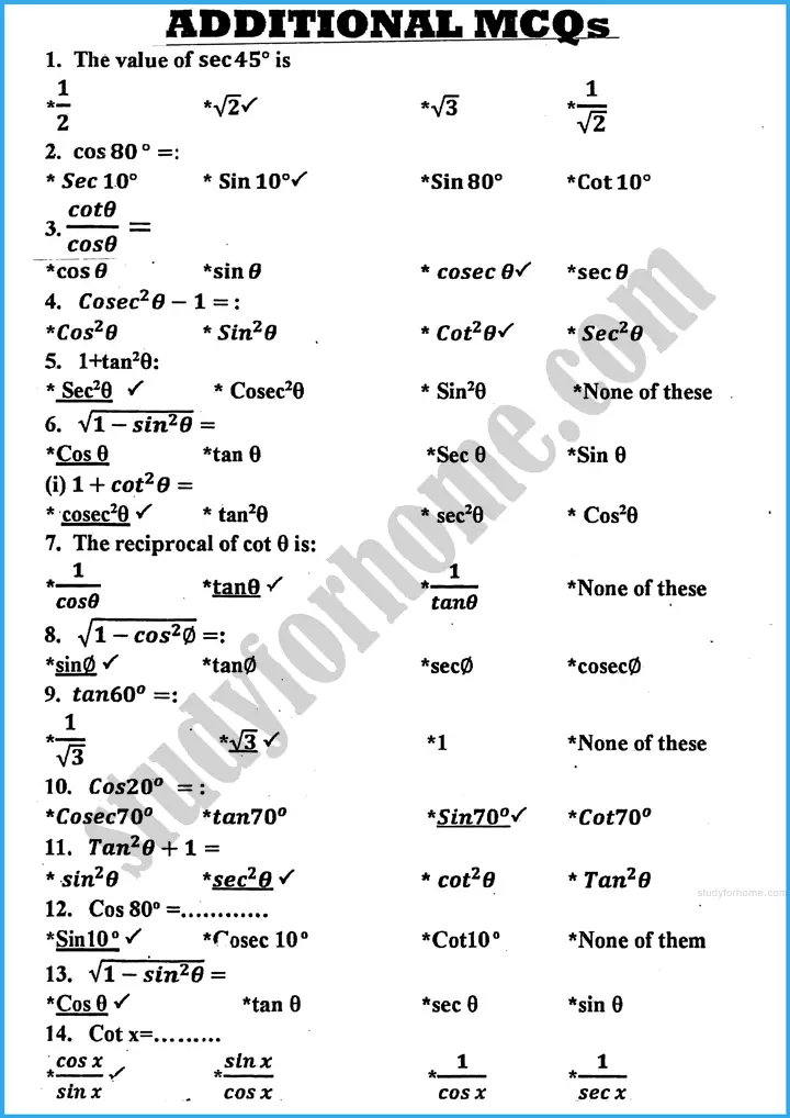 introduction to trigonometry mcqs mathematics class 10th 01