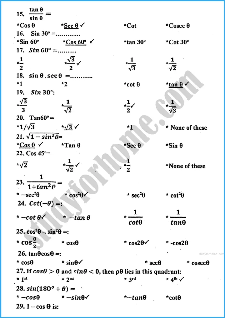 introduction to trigonometry mcqs mathematics class 10th 02