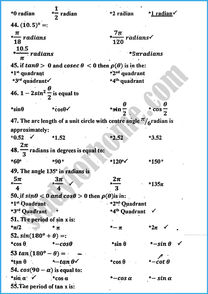 introduction to trigonometry mcqs mathematics class 10th 04