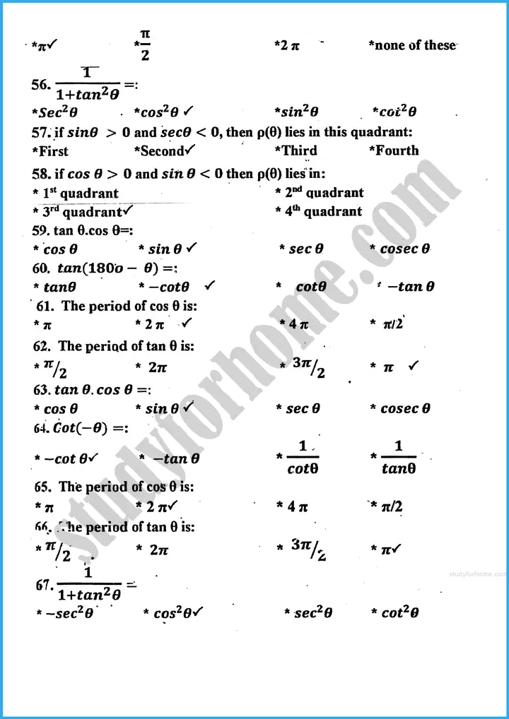 introduction to trigonometry mcqs mathematics class 10th 05