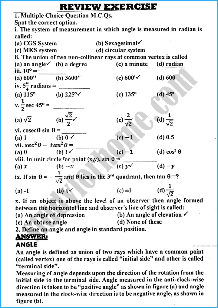 introduction to trigonometry review exercise 30 mathematics class 10th 01