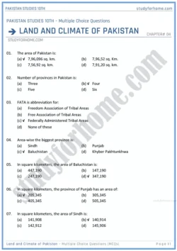 land-and-climate-of-pakistan-multiple-choice-questions-pakistan-studies-class-10th