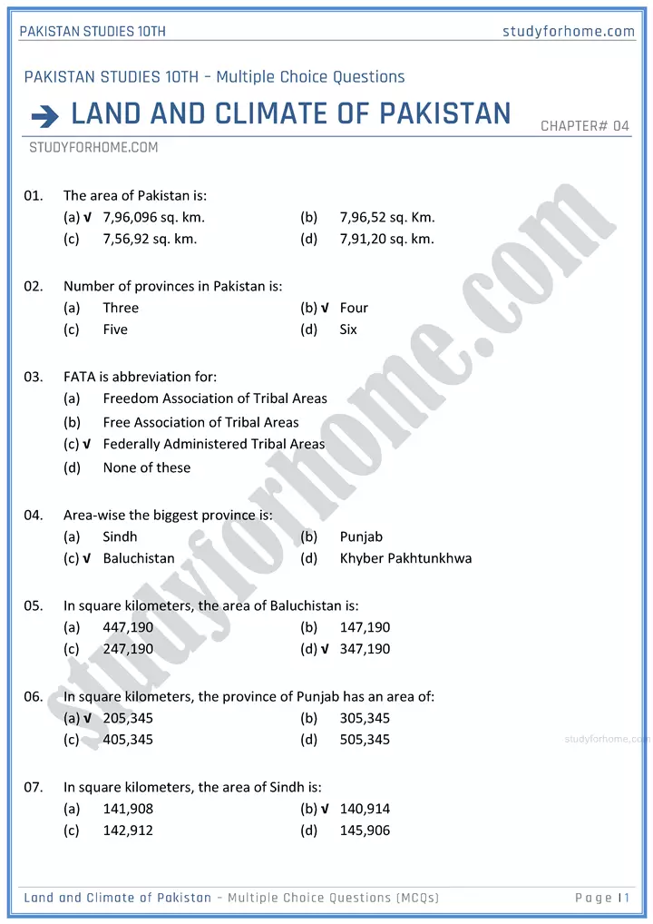 land-and-climate-of-pakistan-multiple-choice-questions-pakistan-studies-class-10th