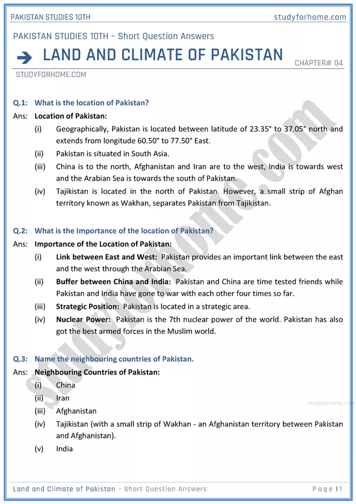 land-and-climate-of-pakistan-short-question-answers-pakistan-studies-class-10th