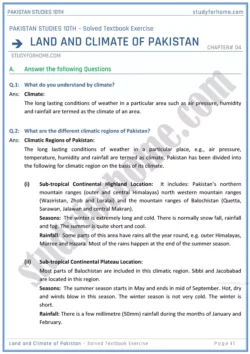 land-and-climate-of-pakistan-solved-textbook-exercise-pakistan-studies-class-10th