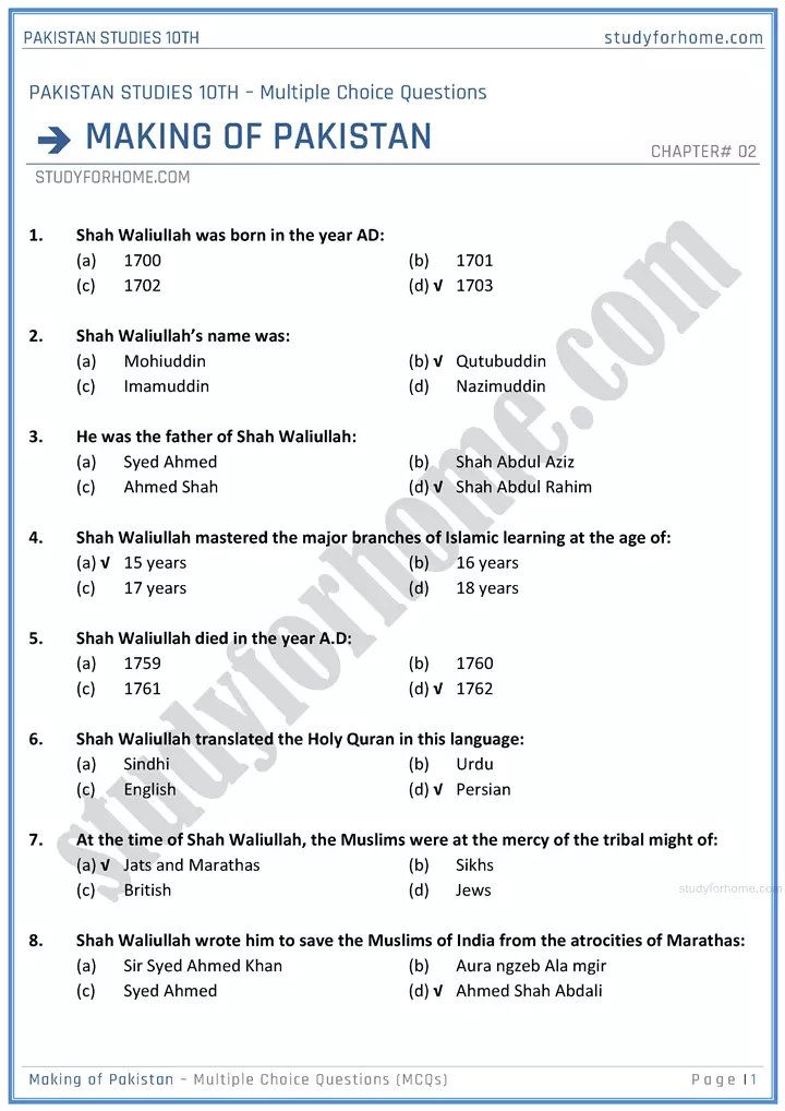 making-of-pakistan-multiple-choice-questions-pakistan-studies-class-10th