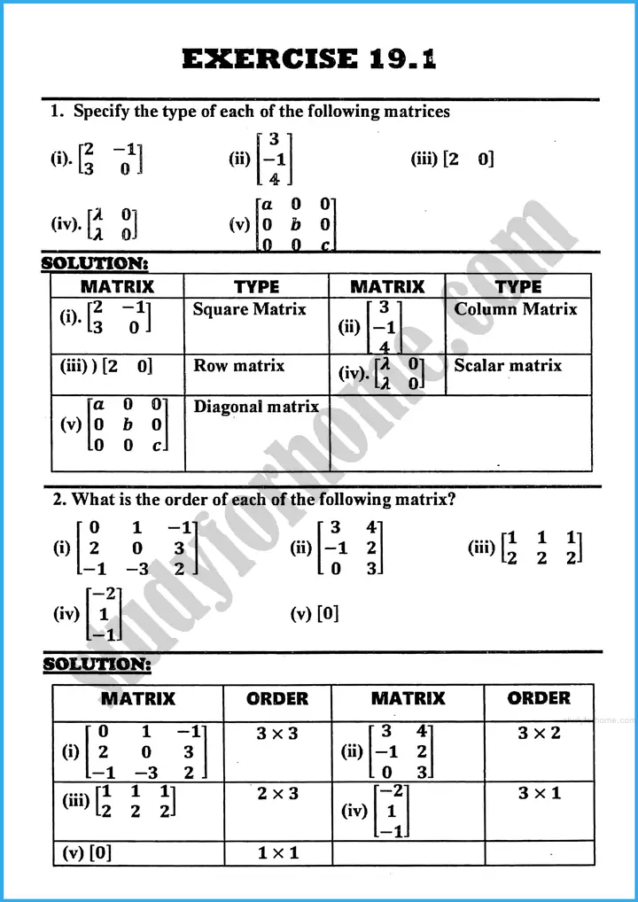 matrices and determinants exercise 19 1 mathematics class 10th 01