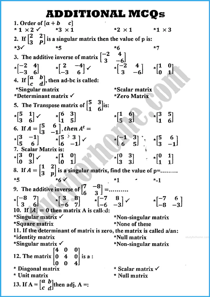 matrices and determinants mcqs mathematics class 10th 01