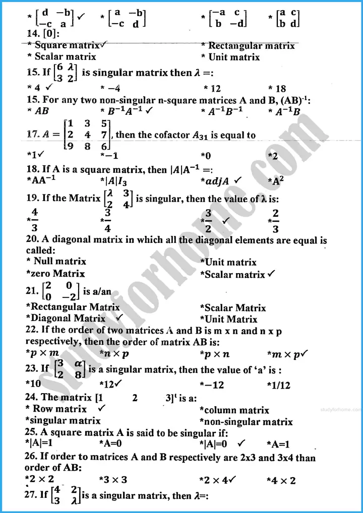 matrices and determinants mcqs mathematics class 10th 02