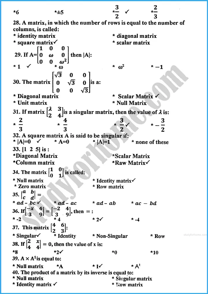 matrices and determinants mcqs mathematics class 10th 03