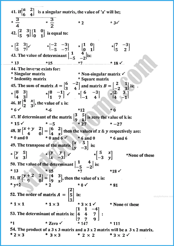 matrices and determinants mcqs mathematics class 10th 04