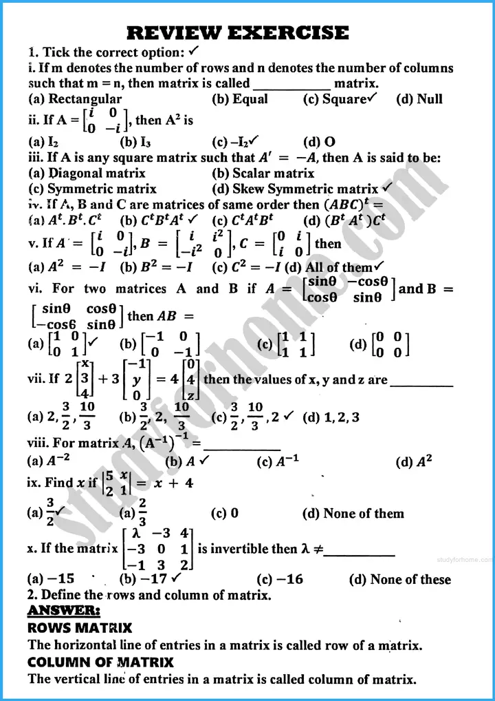 matrices and determinants review exercise 19 mathematics class 10th 01