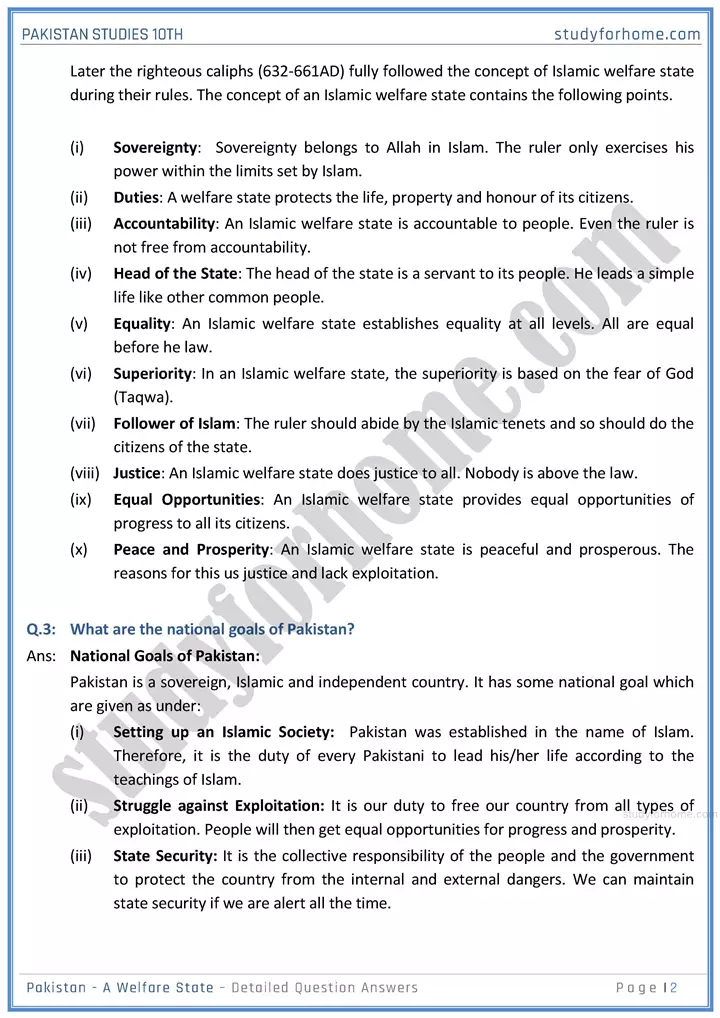 pakistan  a welfare state detailed question answers pakistan studies class 10th 02