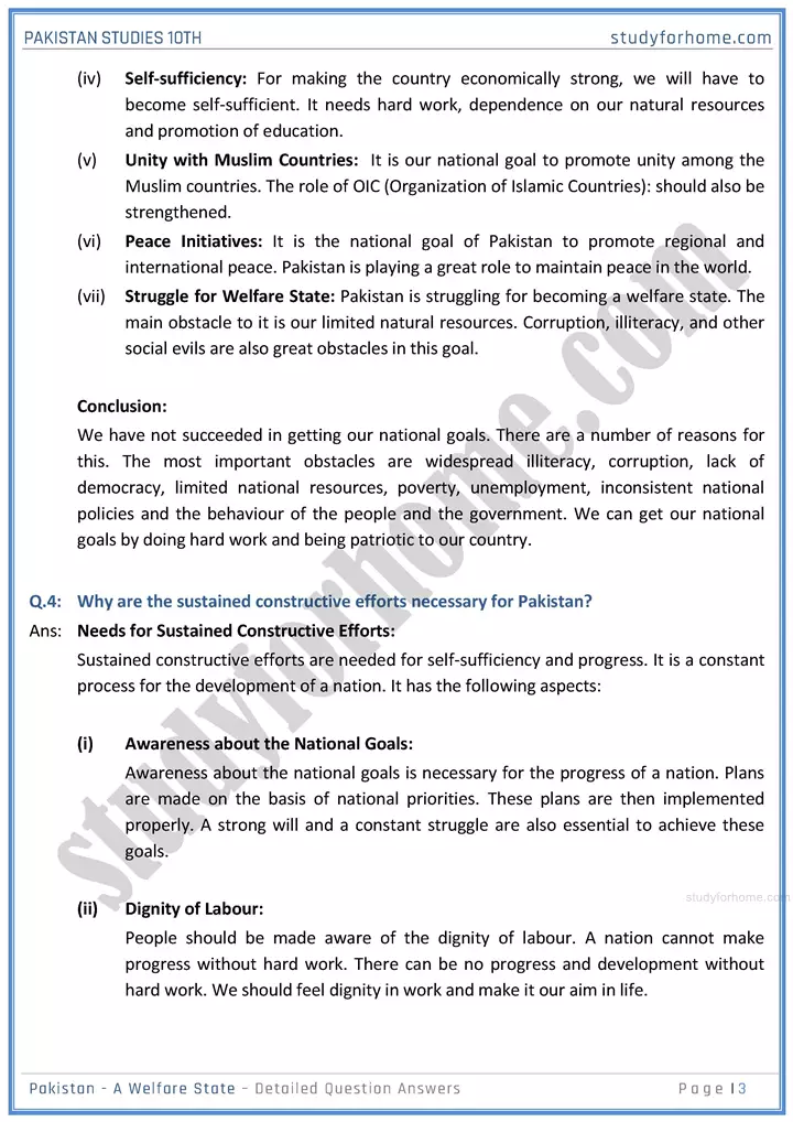 pakistan  a welfare state detailed question answers pakistan studies class 10th 03