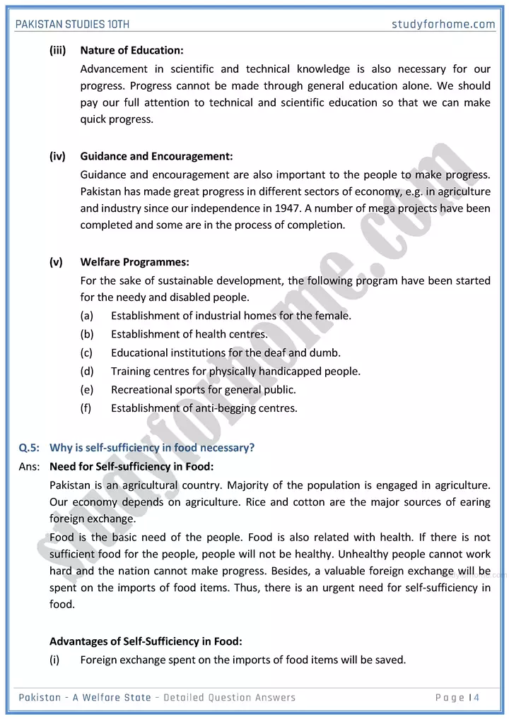 pakistan  a welfare state detailed question answers pakistan studies class 10th 04