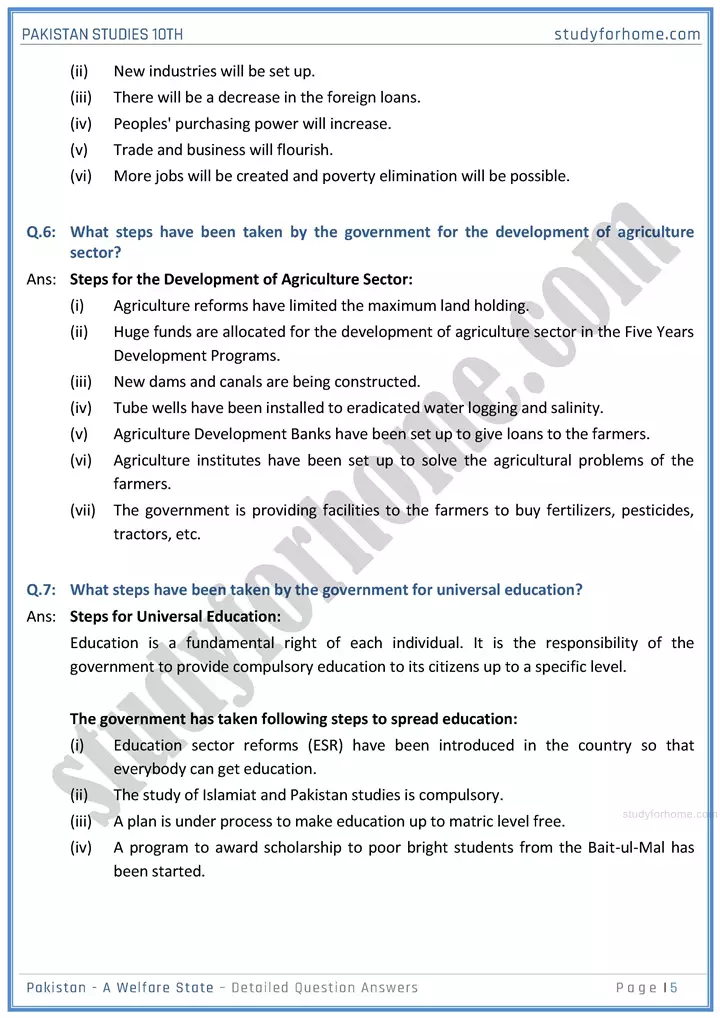 pakistan  a welfare state detailed question answers pakistan studies class 10th 05