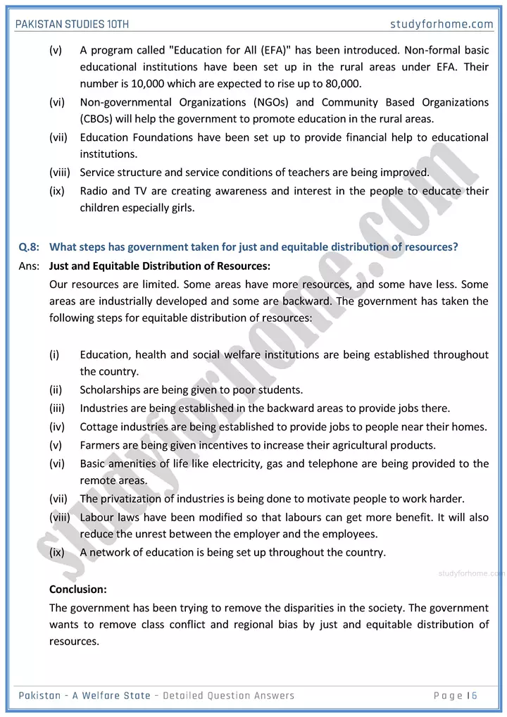 pakistan  a welfare state detailed question answers pakistan studies class 10th 06