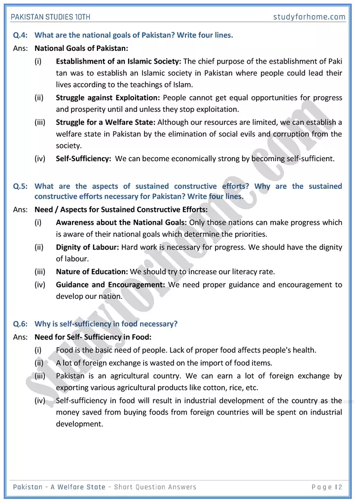 pakistan  a welfare state short question answers pakistan studies class 10th 02