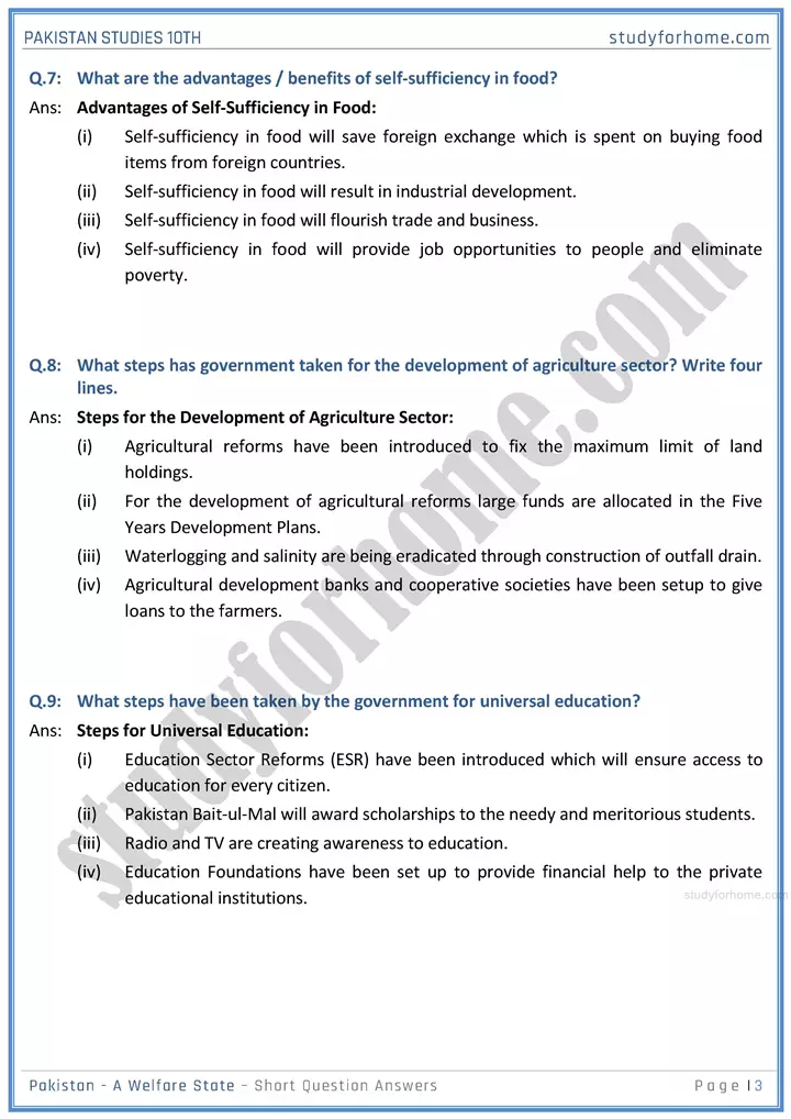 pakistan  a welfare state short question answers pakistan studies class 10th 03