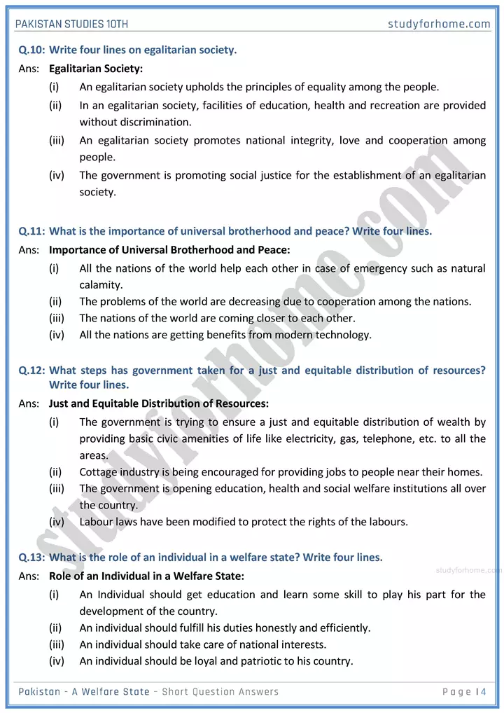 pakistan  a welfare state short question answers pakistan studies class 10th 04