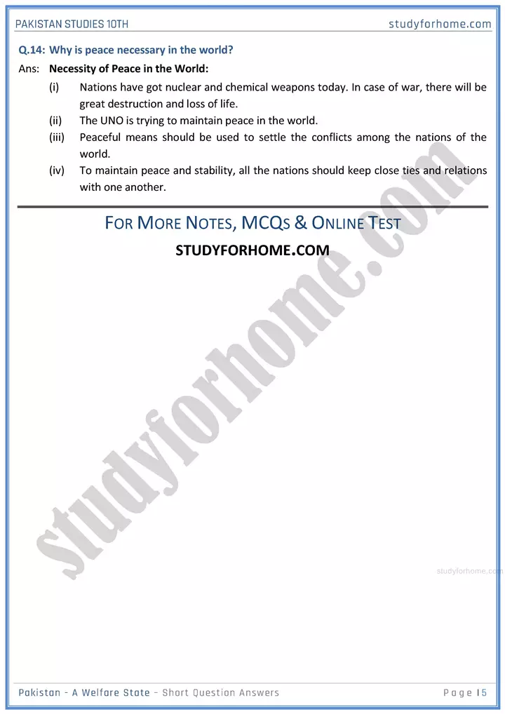 pakistan  a welfare state short question answers pakistan studies class 10th 05