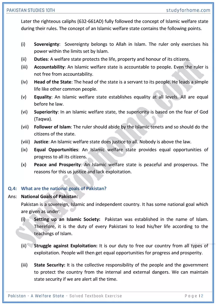 pakistan  a welfare state solved textbook exercise pakistan studies class 10th 02