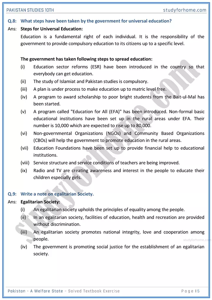 pakistan  a welfare state solved textbook exercise pakistan studies class 10th 05