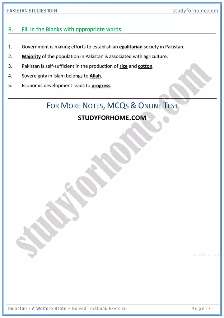 pakistan  a welfare state solved textbook exercise pakistan studies class 10th 07