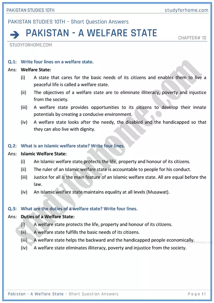 pakistan--a-welfare-state-short-question-answers-pakistan-studies-class-10th