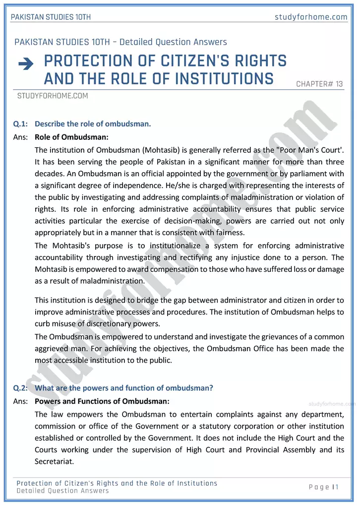 protection of citizens rights and the role of institutions detailed question answers pakistan studies class 10th 01